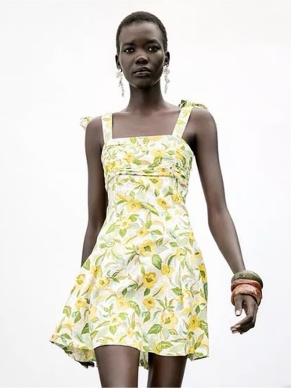 Zara Yellow and Green Floral Tie-Shoulder Sundress